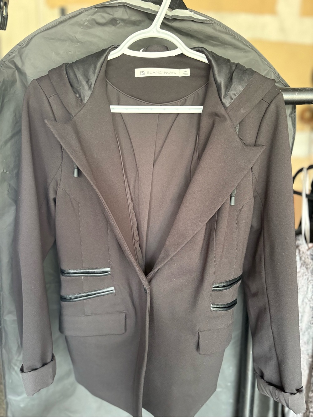 blanc noir Black Hooded Tailored Blazer with pleather Trim
